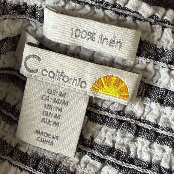 C & C California Linen Babydoll Smocked Top Blouse Shirt Gray White M - Picture 6 of 7